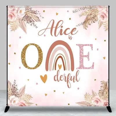 Custom Onederful Pink Flowers Boho Rainbow Backdrop