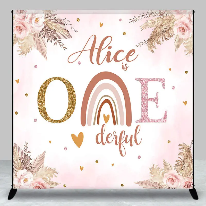 Custom Onederful Pink Flowers Boho Rainbow Backdrop