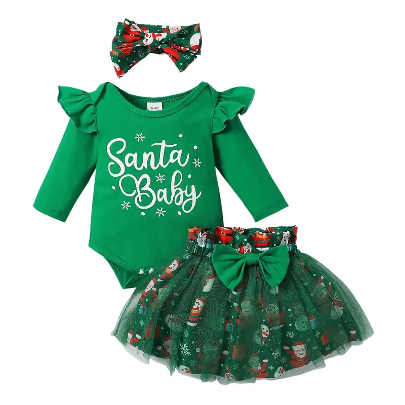 Little Girls Green Christmas Mesh Dress Newborn Santa Baby Romper And Skirt Outfit Clothing Babygirl Clothes Products