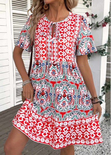 Modlily Multi Color Tribal Print A Line Short Sleeve Dress - M