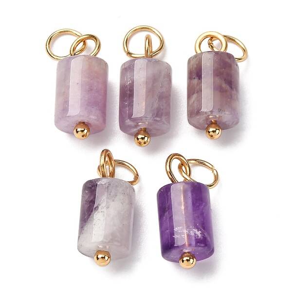 Natural Amethyst Column Charms with 304 Stainless Steel Jump Rings