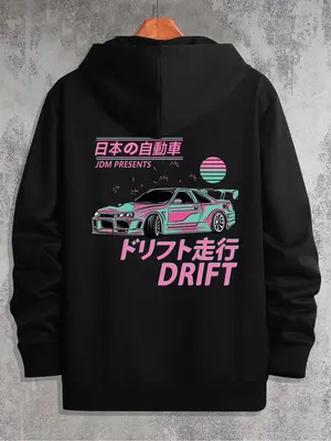 Men's Cartoon Car Print Zip Up Hoodie, Essentials Hoodie, Regular Fit Casual Letters Graphic Long Sleeve Hoodie, Streetwear H...