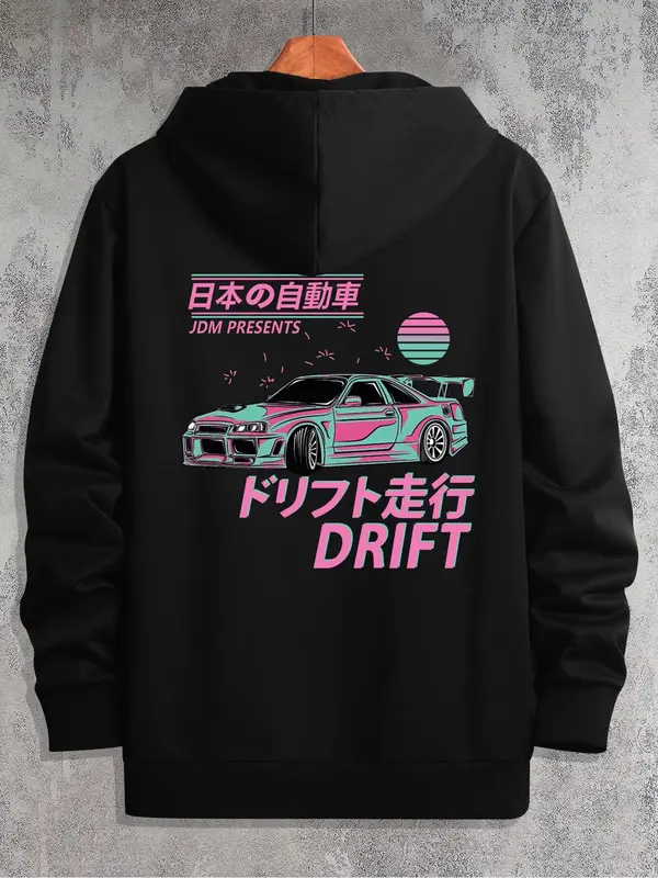 Men's Cartoon Car Print Zip Up Hoodie, Essentials Hoodie, Regular Fit Casual Letters Graphic Long Sleeve Hoodie, Streetwear H...
