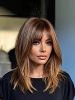 Women's Long Straight Wigs with Curtain Bangs, Gorgeous Fluffy Wigs for Women, Synthetic Full Machine Wigs for Party, Daily U...