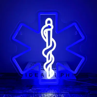 EMS Star of Life Neon Sign, USB Powered Emergency Services Wall Decor Dimmable LED Neon Light, for Medical Healthcare Hospita...