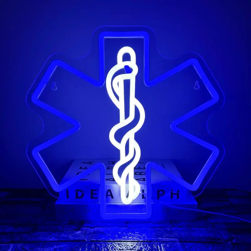 EMS Star of Life Neon Sign, USB Powered Emergency Services Wall Decor Dimmable LED Neon Light, for Medical Healthcare Hospita...