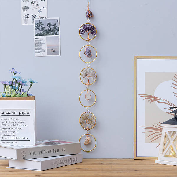 Flat Round with Tree of Life Natural Gemstone Chips Chandelier Hanging Suncatcher