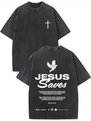 Jesus saves - double-sided, worn-out vintage washed cotton printed T-shirt, round neck short sleeves. Fashionably loose and c...