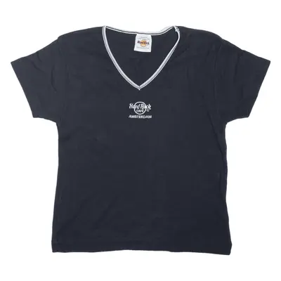 HARD ROCK CAFE Amsterdam Ribbed T-Shirt Black V-Neck Short Sleeve Womens M