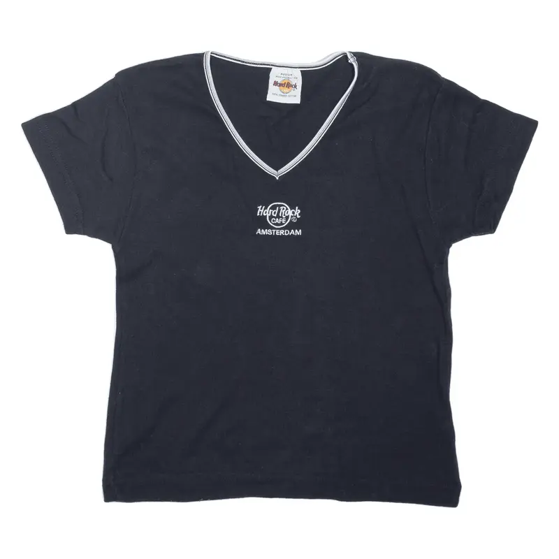 HARD ROCK CAFE Amsterdam Ribbed T-Shirt Black V-Neck Short Sleeve Womens M
