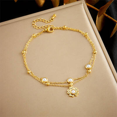 304 Stainless Steel & Plastic Pearl Charm Double Layer Anklets for Women