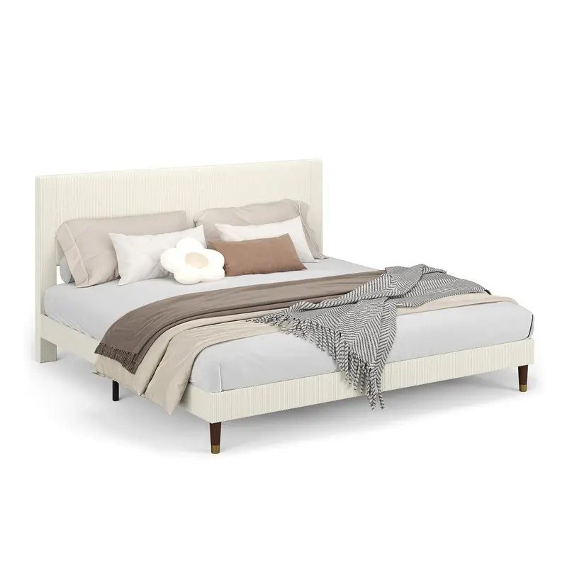 Garvee King Bed Frame with Headboard, Corduroy Upholstered Platform Bed with Wooden Slats Support - No Box Spring Needed & No...