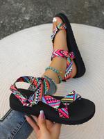 Women's Boho Style Colorful Strap Flat Sandals, Casual Trendy Sandals, Fashionable Multicolor Sandals for Summer Beach Vacati...