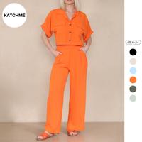KatchMe Women's Plain Collared Neck Partial Button Short Sleeve Baggy Wide Leg Jumpsuit With Matching Belt,Multi-Pocket Rompe...