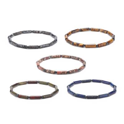 Natural Gemstone Column & Synthetic Hematite Stretch Bracelet