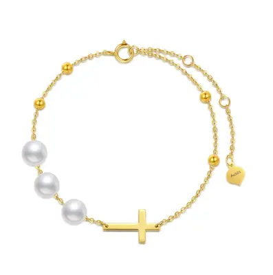 14K Gold Circular Shaped Pearl Cross Charm Bracelet