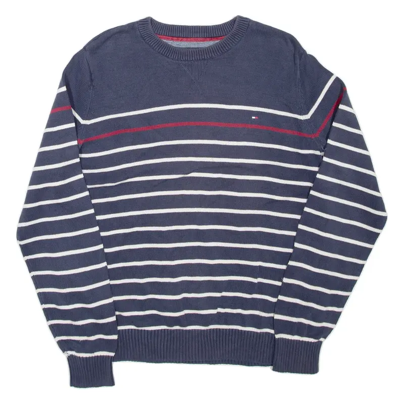 TOMMY HILFIGER Mens Patterned Jumper Blue Striped Tight Knit L