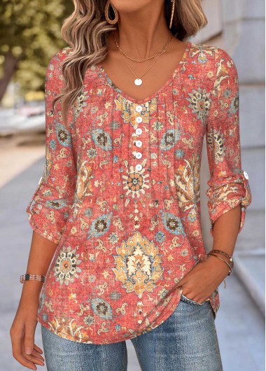 Modlily Coral Tummy Coverage Tribal Print Long Sleeve Blouse - XXL