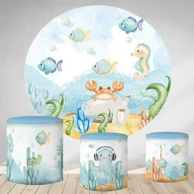 Aperturee Light Blue Under The Sea World Round Birthday Backdrop | Round Backdrop Cover Diy | Round Backdrop Stand Covers | R...