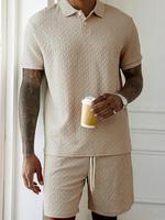 Men's Solid Textured Polo Shirt & Shorts Two-piece Set, Casual Short Sleeve Collared Top & Shorts, Summer Outfits Clothes Set...