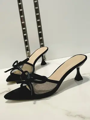 Women's Bowknot Design Slip on High Heel Sandals, Pointed Toe Sandals for Summer, Lightweight Breathable Comfortable Shoes fo...