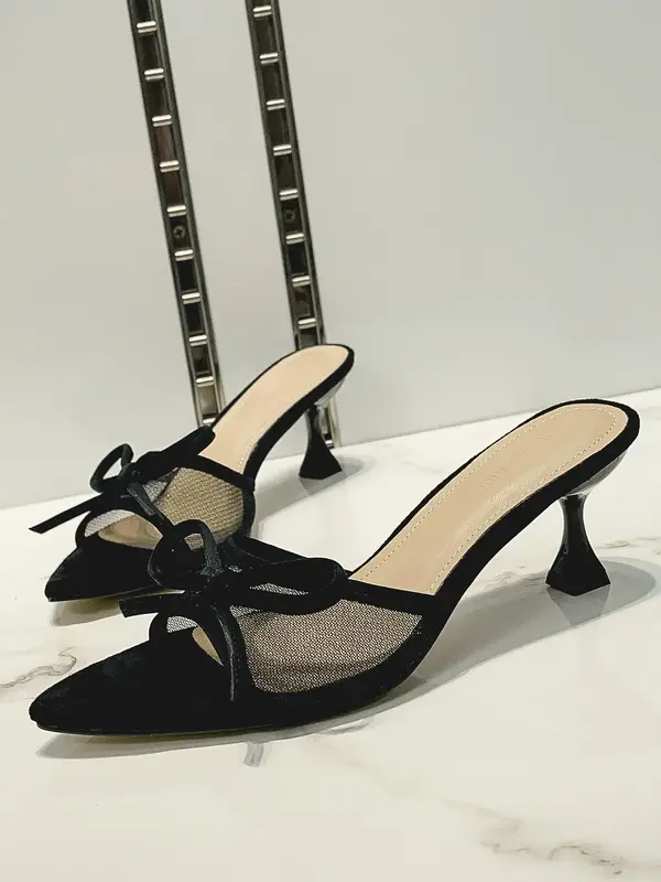 Women's Bowknot Design Slip on High Heel Sandals, Pointed Toe Sandals for Summer, Lightweight Breathable Comfortable Shoes fo...