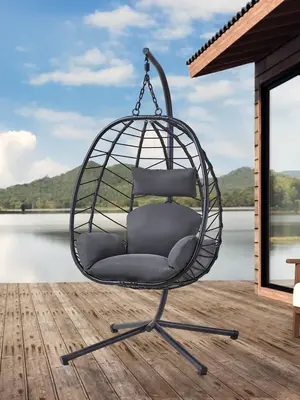 【FallDealsForYou】ONBRILL Hanging Egg Chair with Stand, Outdoor Indoor Egg Swing Chair with Cushion Headrest, Wicker Ratta...