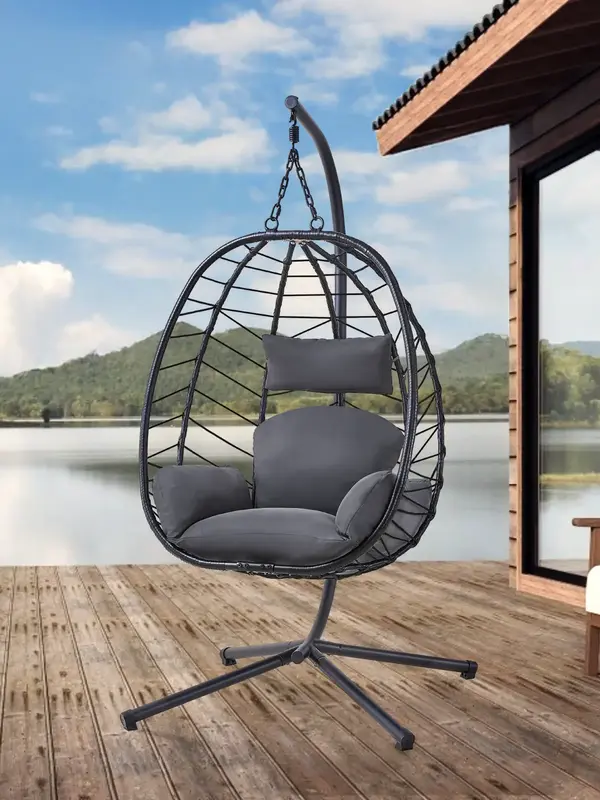 【FallDealsForYou】ONBRILL Hanging Egg Chair with Stand, Outdoor Indoor Egg Swing Chair with Cushion Headrest, Wicker Ratta...