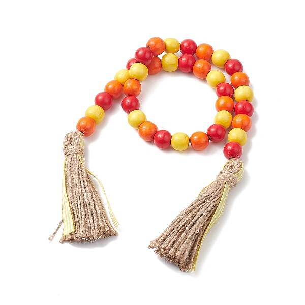 Natural Wood Beaded Pendant Decorations with Tassel Hemp Rope