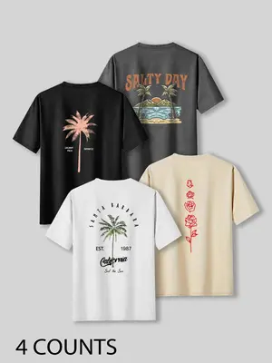 Men's Palm Tree & Letter Print Short Sleeve Graphic Tee, Regular Fit Casual Street Round Neck T-shirt for Summer, Men's Top f...