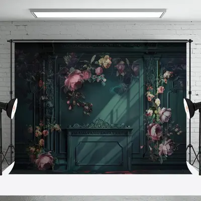 Floral Leaves Green Retro Wall Fine Art Backdrop