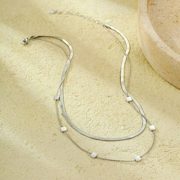 304 Stainless Steel Square Double Layered Necklaces for Women