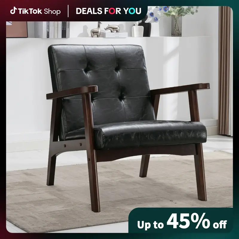 [Dealsforyoudays] Ebello 27” Wide Mid-Century Sofa Accent Chair Upholstered Leather Armchair with Solid Wood Frame, Black