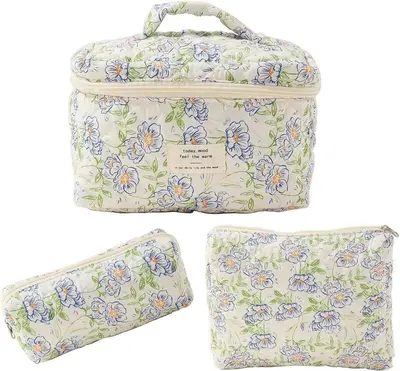 Women's Cosmetic Bags Set - Floral Print Hand Wash Makeup Case and Travel Purse Organizers (3 pcs), Portable Cosmetic Storage...