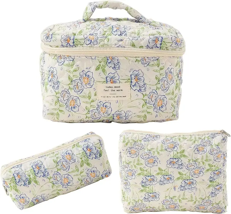 Women's Cosmetic Bags Set - Floral Print Hand Wash Makeup Case and Travel Purse Organizers (3 pcs), Portable Cosmetic Storage...