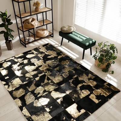 Black & Gold Cowhide Patchwork Rug