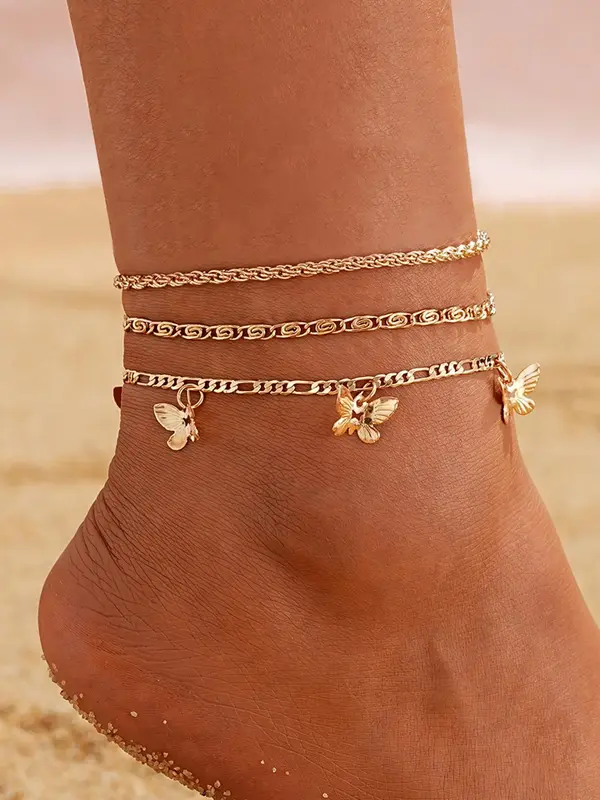 Summer 2024 Elegant Style Mini Butterfly & Chain Decor Anklet, 3 Counts Butterfly Charm Anklet Chain, Fashion Body Accessorie...