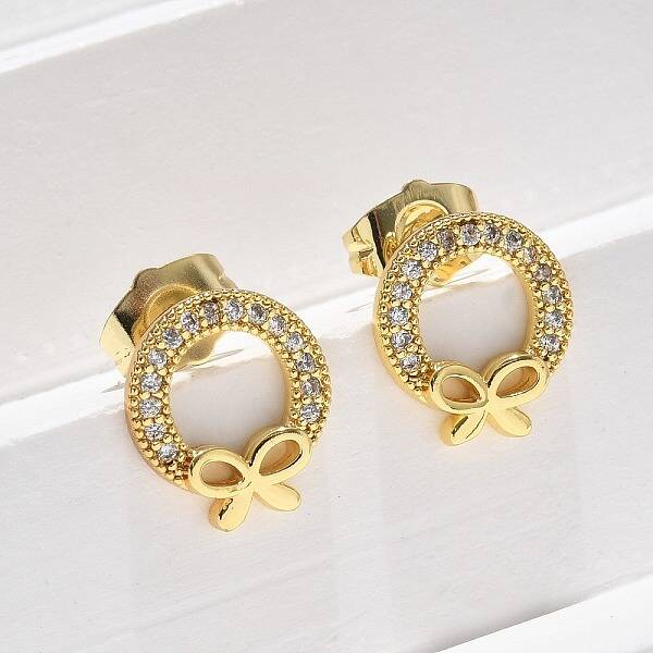 Brass Micro Pave Clear Cubic Zirconia Stud Earrings