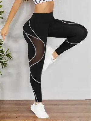 Women's Contrast Mesh Sheer High Waist Sports Tummy Control Leggings, Compression Pants, Casual Comfy Breathable Contrast Bi...