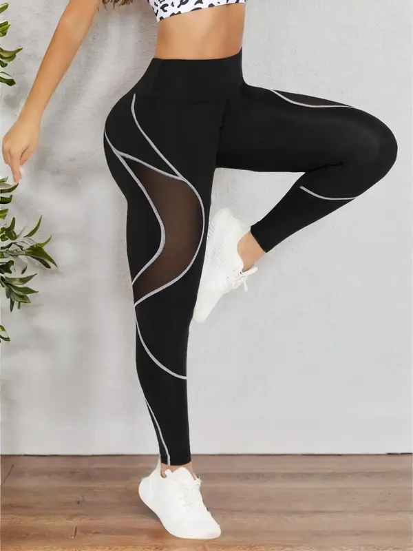 Women's Contrast Mesh Sheer High Waist Sports Tummy Control Leggings, Compression Pants, Casual Comfy Breathable Contrast Bi...