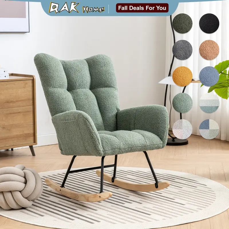 QAK Teddy Fabric Rocking Chair with Pocket, Soft Rocking Chair for Nursery, Comfy Wingback Golider Rocking Chair with Safe So...