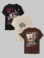 Men's Letter & Palm Tree Print Drop Shoulder Tee, Street Fashion Printed Shirts, Casual Regular Fit Round Neck Half Sleeve T-...