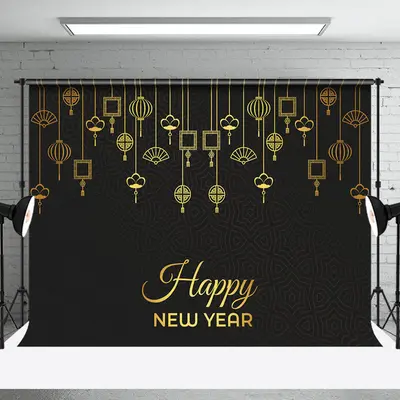 Aperturee Golden Hanging Dec Black Happy New Year Backdrop - Aperturee