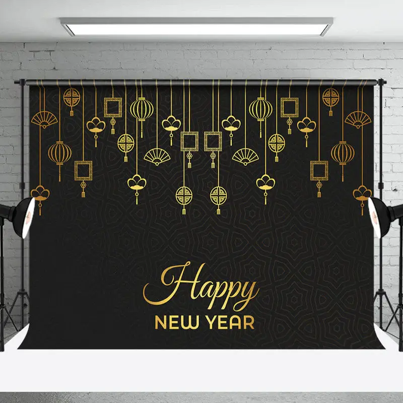 Aperturee Golden Hanging Dec Black Happy New Year Backdrop - Aperturee