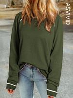 Women's Plain Contrast Binding Waffle Knit Top, Sweaters for Women, Casual Raglan Sleeve Round Neck Top for Fall, Fashion Lad...