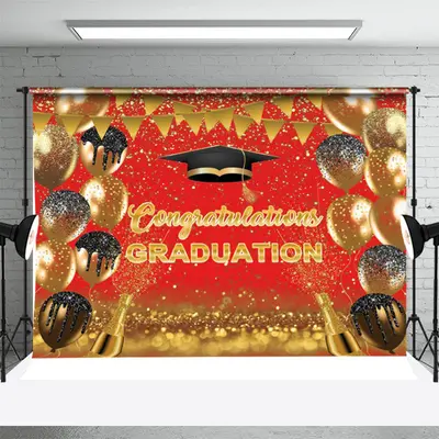 Red Black Golden Flag Balloons Graduation Backdrop - Aperturee