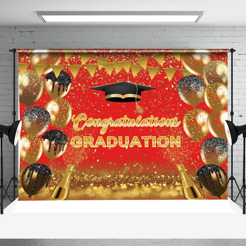 Red Black Golden Flag Balloons Graduation Backdrop - Aperturee