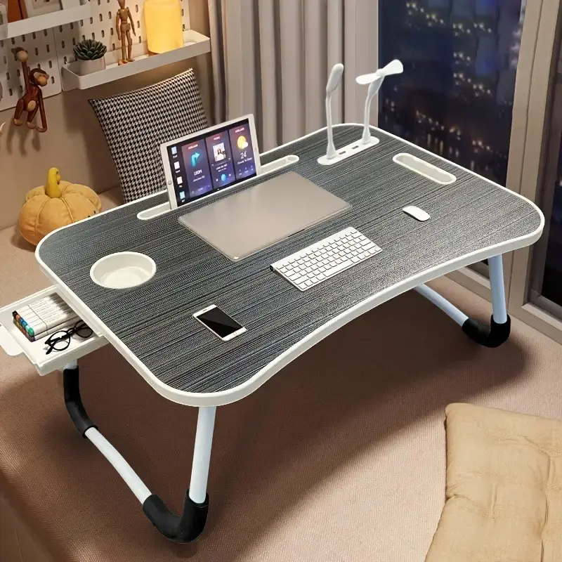 [LINE]Ultra Large Portable Laptop Bed Table - Multi Functional Tray Holder with Cup Holder And Drawer, USB, Fan, And Light - ...
