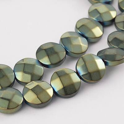 Electroplated Non-magnetic Synthetic Hematite Flat Round Bead Strands