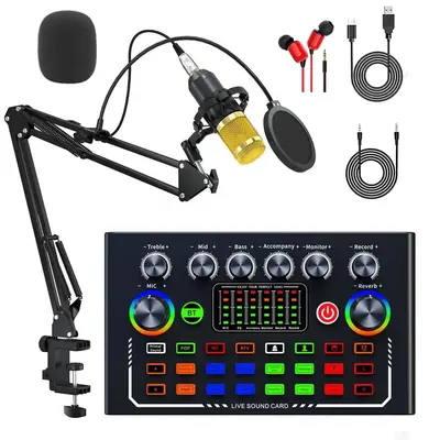 F009 Professional Wireless Live Audio Card Device, Bluetooth-compatible DJ Sound Control Audio Mixer with RGB Buttons, Suita...